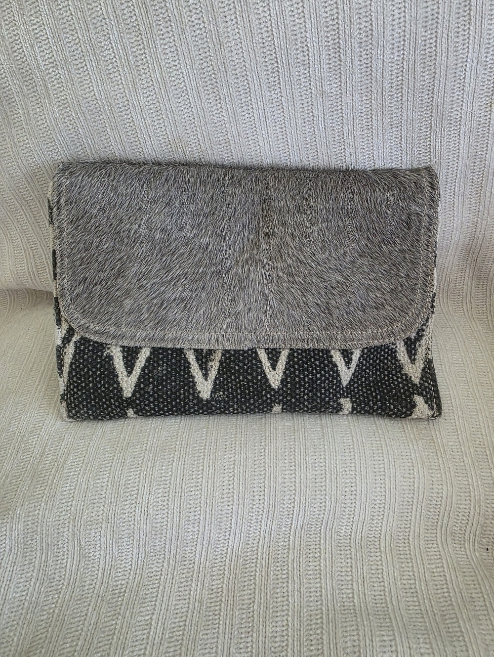 Myra Bag Gray Hair-On Leather & Black White Patterned Clutch